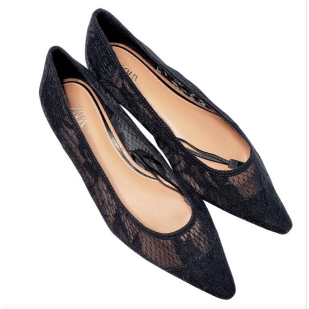 Zara Black Lace Cap Toe Ballerinas Ballet Flats size 38
